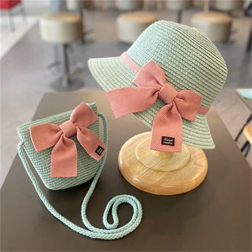 Kids Hat For Girls 3-8Y Straw Children's Sunshade Cap Bag Summer Baby Travel Sunscreen Beach Hat Sun Fisherman Cap Fashion Style