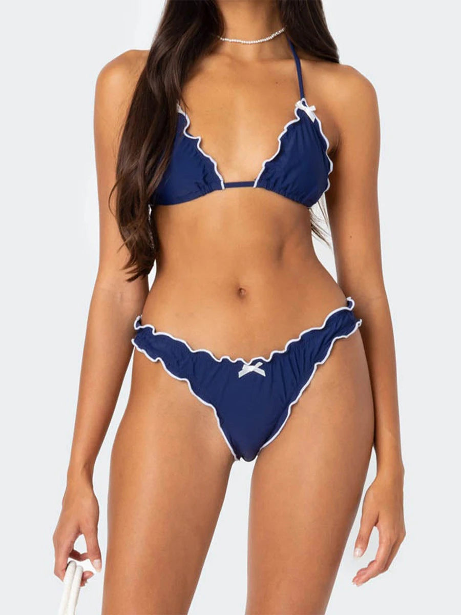 Women s Ruffle Trim Halter Neck Tie-up Bikini Set with High Waisted Bottoms for Beach Pool Party Outfits