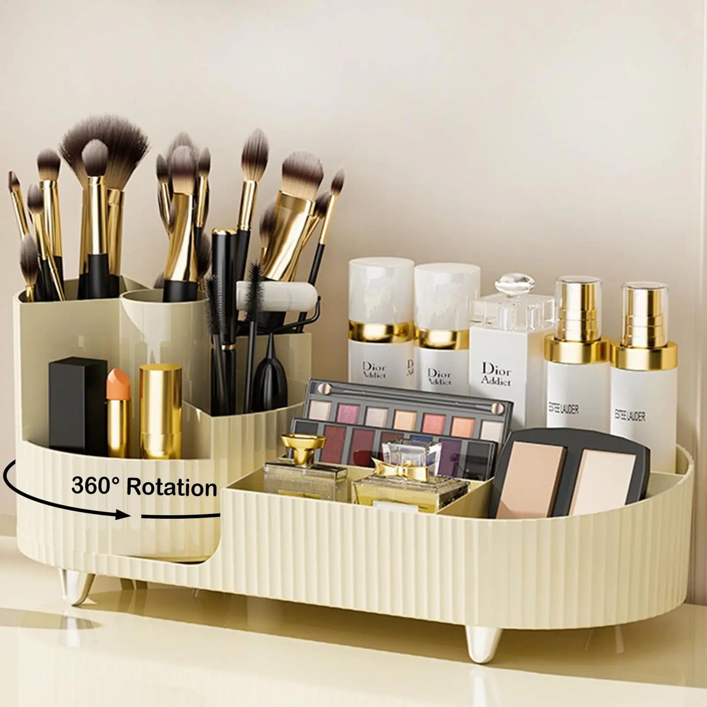 Rotating Makeup Organizer for Vanity with Brush Holder Cosmetic Storage Spinning Skincare Countertop Perfume Lotion Display Case