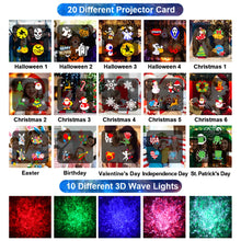 Load image into Gallery viewer, Halloween Christmas Projector Lights Outdoor 16 HD Slides, 2 in 1 Water Wave Lamp with Color Patterns, Timer & Remote for Party