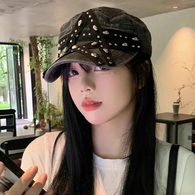 Women's New Hats Sweet Cool Style Five Pointed Star Washed Denim Cap Retro And Aged Y2K Riveted Punk Beret Hat Cute Black Beret
