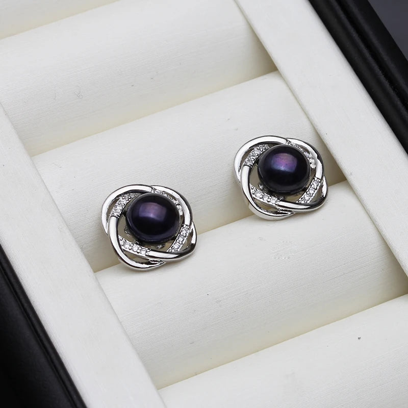Wedding Natural Freshwater Stud Earrings With Pearls For Women,Silver 925 Pearl Earrings Wife Girls Birthday Gift White Black