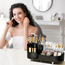 Load image into Gallery viewer, Rotating Makeup Organizer for Vanity with Brush Holder Cosmetic Storage Spinning Skincare Countertop Perfume Lotion Display Case