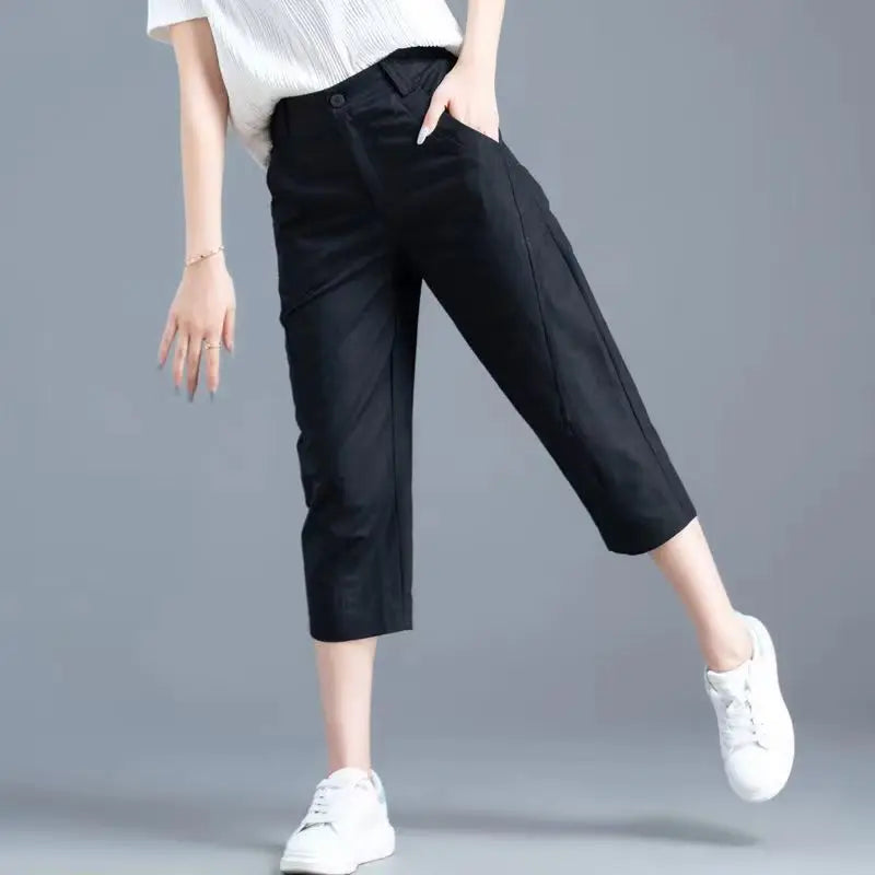 Women Clothing New Summer Simple Casual Cotton Linen Haren Capri Pants Female Solid High Waist Loose Cropped Trousers Pantalones