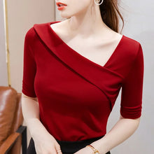 Load image into Gallery viewer, Woman's Clothing Basic T-Shirts Tops Lady Slim Short Sleeve Skew Collar Sheath Blouse Tops SS055
