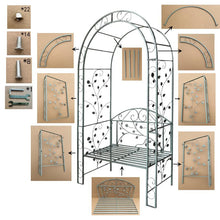 Load image into Gallery viewer, Garden arch bench, decorative wrought iron arch with seat, suitable for climbing plants and outdoor wedding arch