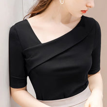 Load image into Gallery viewer, Woman's Clothing Basic T-Shirts Tops Lady Slim Short Sleeve Skew Collar Sheath Blouse Tops SS055
