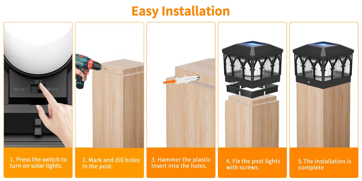 4 Pack Solar Flame Post Cap Lights, 2 Modes (Flame/Warm), IPX5, Fit 3.5x3.5/4x4 Posts, for Deck/Fence/Yard, Vinyl/Wooden
