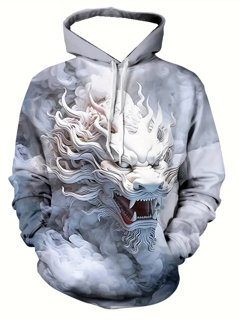 Men's 3D Digital White Dragon Smoke Printed Hoodie with Drawstring and Pocket, Spring and Autumn Sports Fashion Hoodie, Suitable