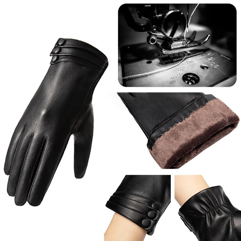 Women's Gloves Winter Outdoor Fashion Comfortable Warm Glove Plush Touch Screen Driving PU Leather Gloves
