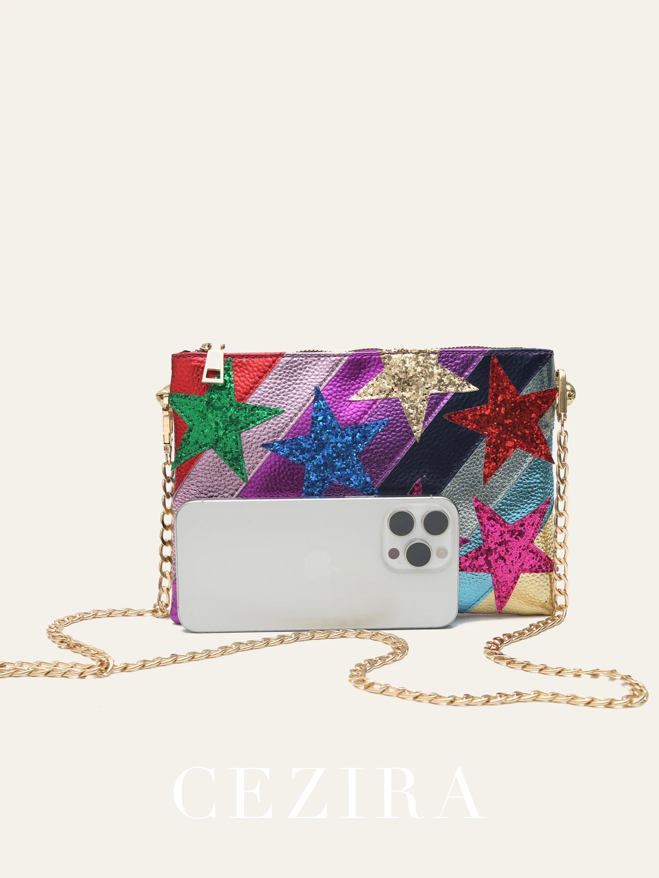 Women's Metallic PU Leather Square Clutch Funky Stars Applique Colorful Stripes Metal Chain Shoulder Handbag Party Dating Gift