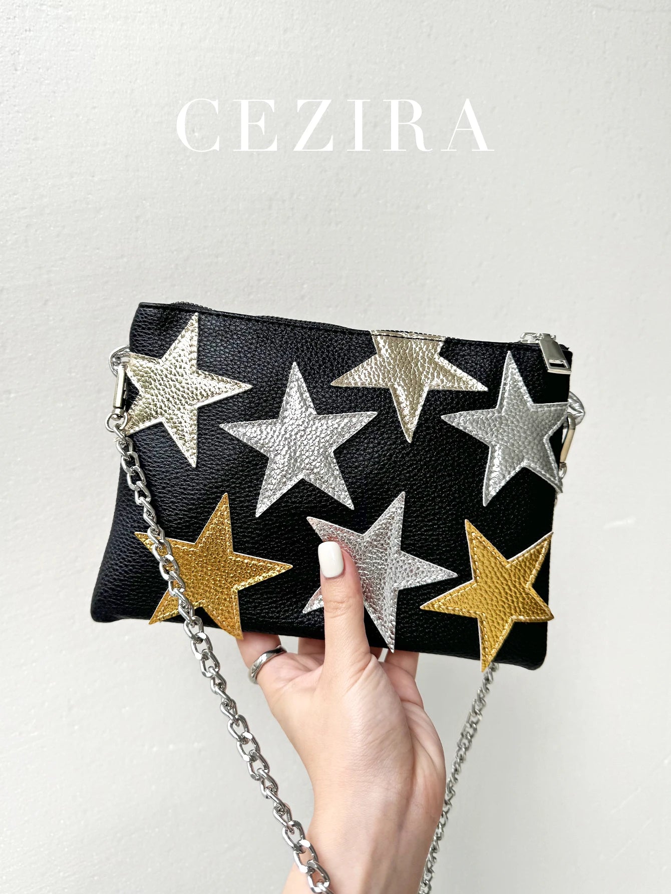 Women's Metallic PU Leather Square Clutch Funky Stars Applique Colorful Stripes Metal Chain Shoulder Handbag Party Dating Gift