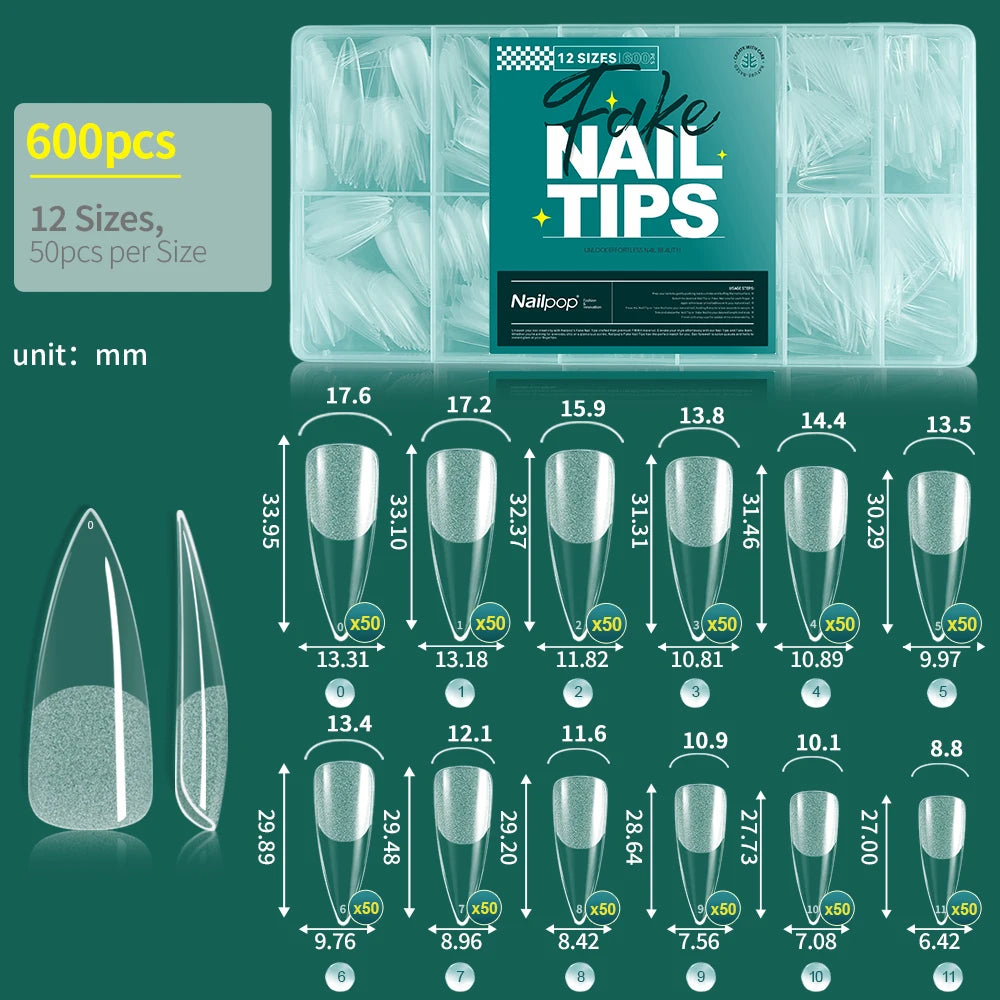 NAILPOP Soft Gel Nail Tips 600PCS Pre-Buff Full Cover Coffin Almond Oval Shaped Nail Extenison Tips Half Matte Gel X Fake Nails