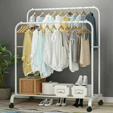 Load image into Gallery viewer, Heavy Duty Clothes Rack Garment Rail Rolling Stand Two Top Rod & Lower Storage
