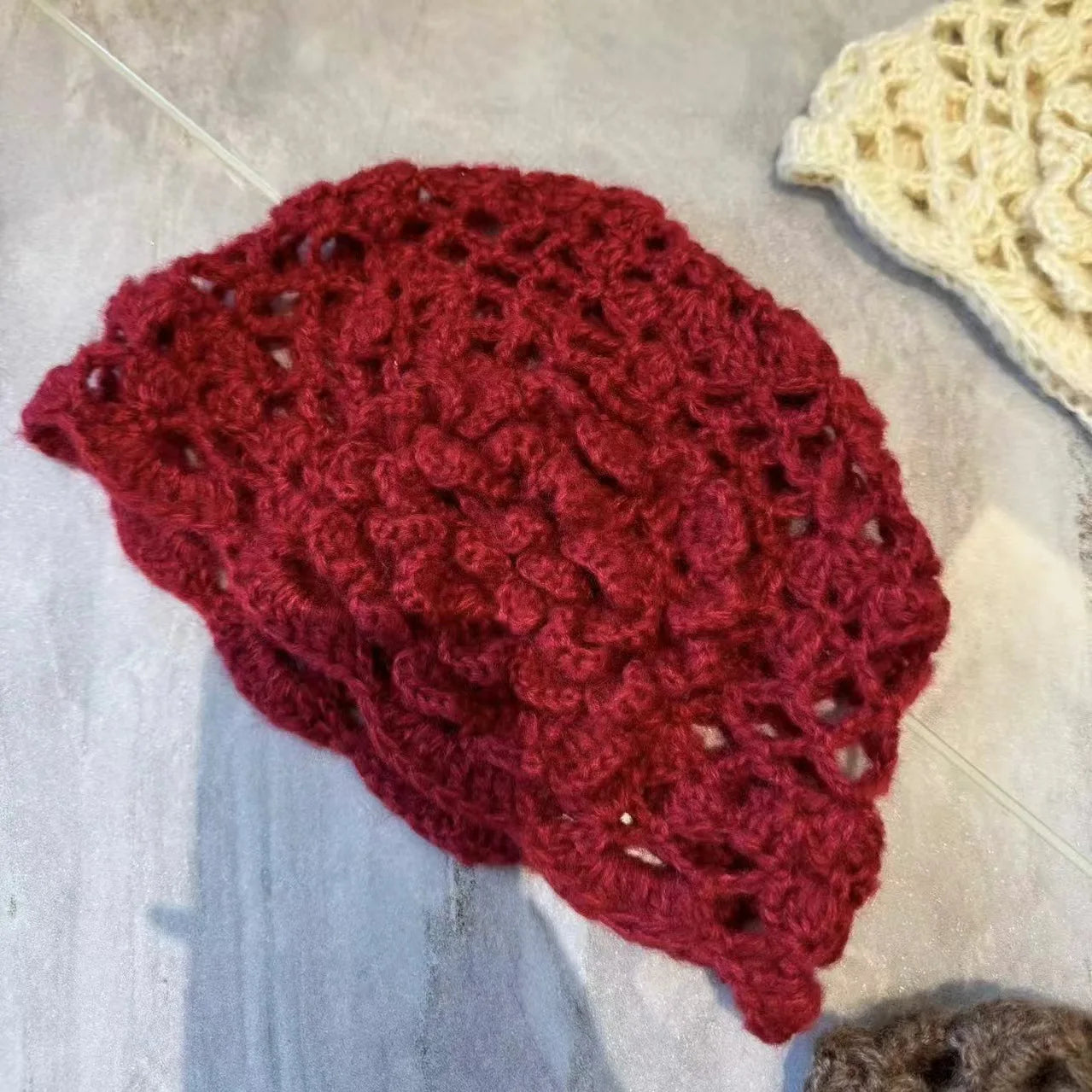 Women's Retro Literary Knitted Hat Spring and Autumn Thin Hollow Woolen Hat Handmade Woven Hat Fashion Hats for Women Lady Cap