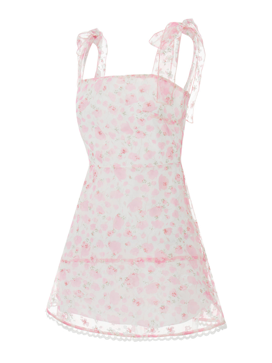 Women Summer Casual Dress Floral Print Tie-Up Shoulder Strap Mini Dress Fashion Double Layer Backless Cami Dress