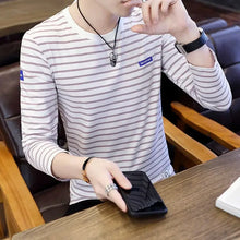 Load image into Gallery viewer, T Shirts for Men Stripe Tops Red Cotton Male Clothes Round Neck Harajuku Fashion Sale High Brand Regular Fit It Full Sleeve Tee