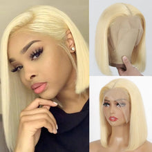 Load image into Gallery viewer, Honey Blonde Straight Human Hair Short Wig Preplucked 5x5 Transparent Lace Frontal Wig Short Cut 613 Straight Bob Colored Wigs