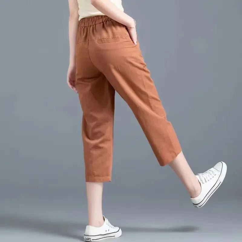 Women Clothing New Summer Simple Casual Cotton Linen Haren Capri Pants Female Solid High Waist Loose Cropped Trousers Pantalones