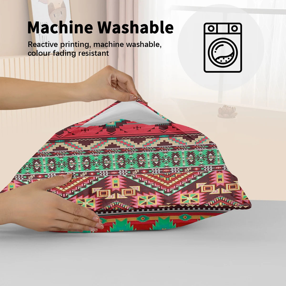 3pc Red and Green Pattern Printed Bedding Set Bohemian Style Quilt Cover with Zipper Closure 1 Duvet Cover and 2 Pillowcases