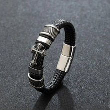 Load image into Gallery viewer, Men's Fashion Classic Black Woven Leather Inlaid Cross Magnetic Hidden Safety Buckle Business Casual Gift Bracelet