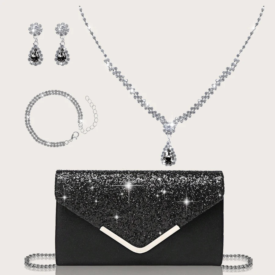 Gorgeous and elegant sparkly women's clutch bag, paired with a gorgeous rhinestone necklace, earrings and bracelet set of four.