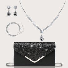 Load image into Gallery viewer, Gorgeous and elegant sparkly women's clutch bag, paired with a gorgeous rhinestone necklace, earrings and bracelet set of four.