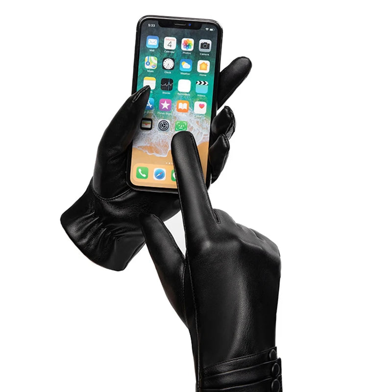 Women's Gloves Winter Outdoor Fashion Comfortable Warm Glove Plush Touch Screen Driving PU Leather Gloves