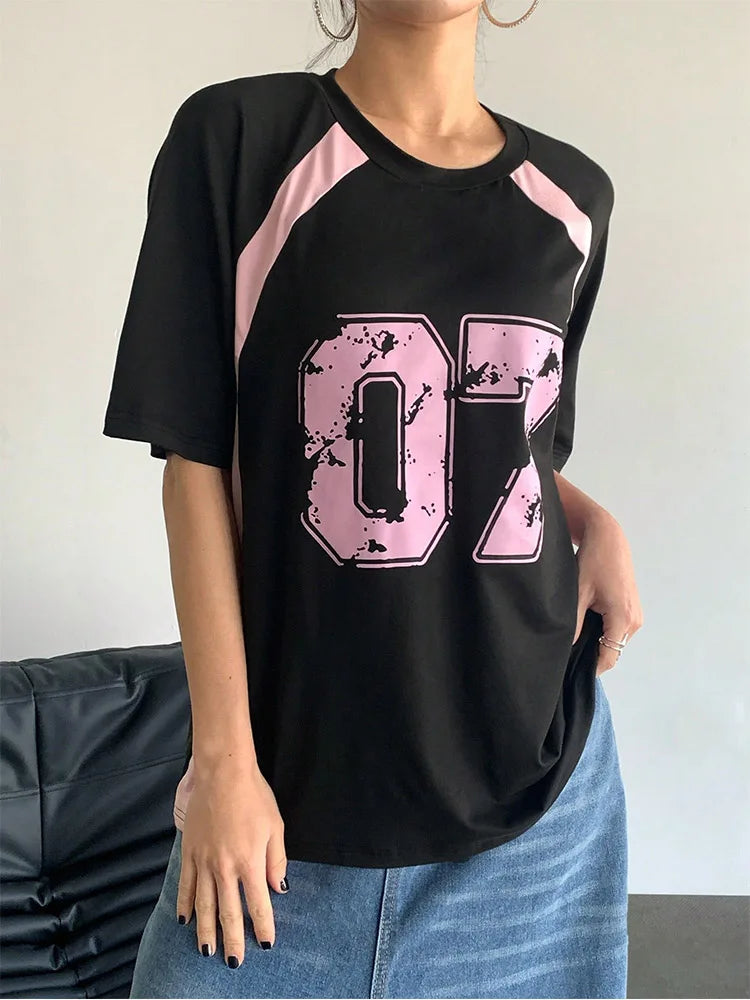 Women's Clothing Fashion Casual Crew Neck Contrast Color Number 07 Print Streetwear T-Shirt Sports Jerseys And Fashionable Tops
