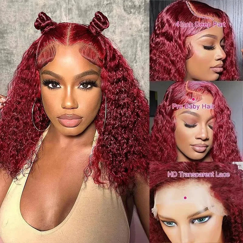 Colored Burgundy Lace Front Wig Bob Wig Human Hair Deep Wave Glueless Wigs Human Hair Red 99J Curly Lace Front Human Hair Wigs