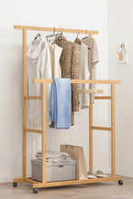 Load image into Gallery viewer, Bamboo Clothes Rail Rack Double Hanging Rails Clothes Rack on Wheels Free Standing Garment Rack with Storage Shelves Coat Rack