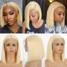 Load image into Gallery viewer, Honey Blonde Straight Human Hair Short Wig Preplucked 5x5 Transparent Lace Frontal Wig Short Cut 613 Straight Bob Colored Wigs