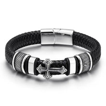 Load image into Gallery viewer, Men's Fashion Classic Black Woven Leather Inlaid Cross Magnetic Hidden Safety Buckle Business Casual Gift Bracelet