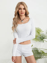 Load image into Gallery viewer, Women’s Two Piece Pajamas Long Sleeve Lace Trim Crop Tops and Shorts Set Loungewear