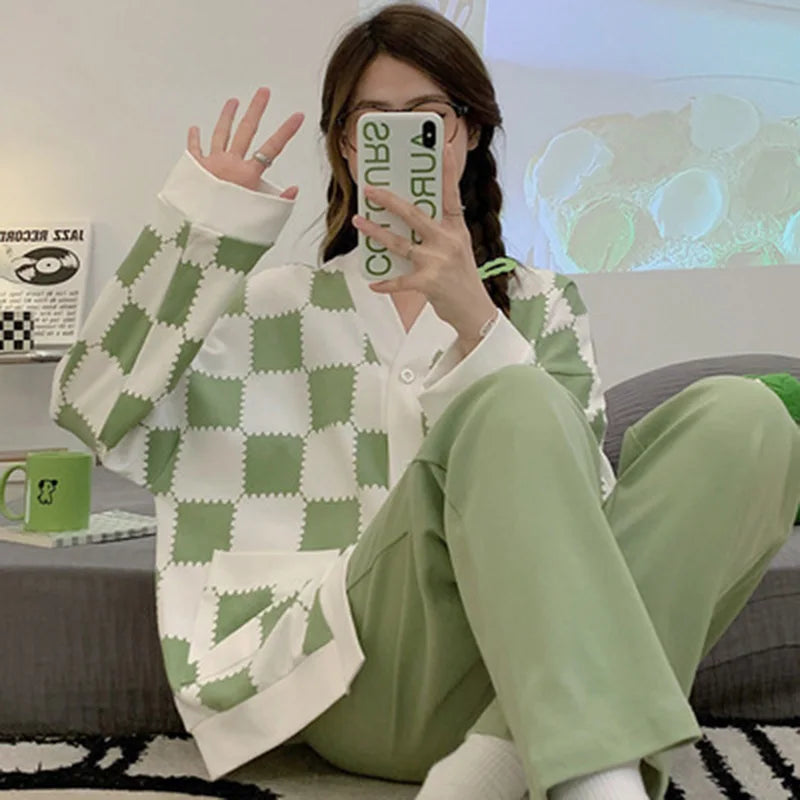 Women's Clothing Four Seasons Models Cute Pajamas Long-Sleeved Can Be Worn Outside Cartoon Cute Comfortable Large Size Homewear