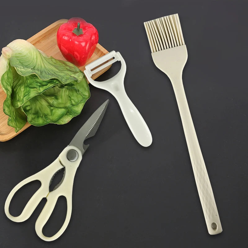 16PCS/Stainless Steel Kitchen Knife Silicone kitchenware set Spatula spoon bread knife scissors peeler cut meat knife Tool rest