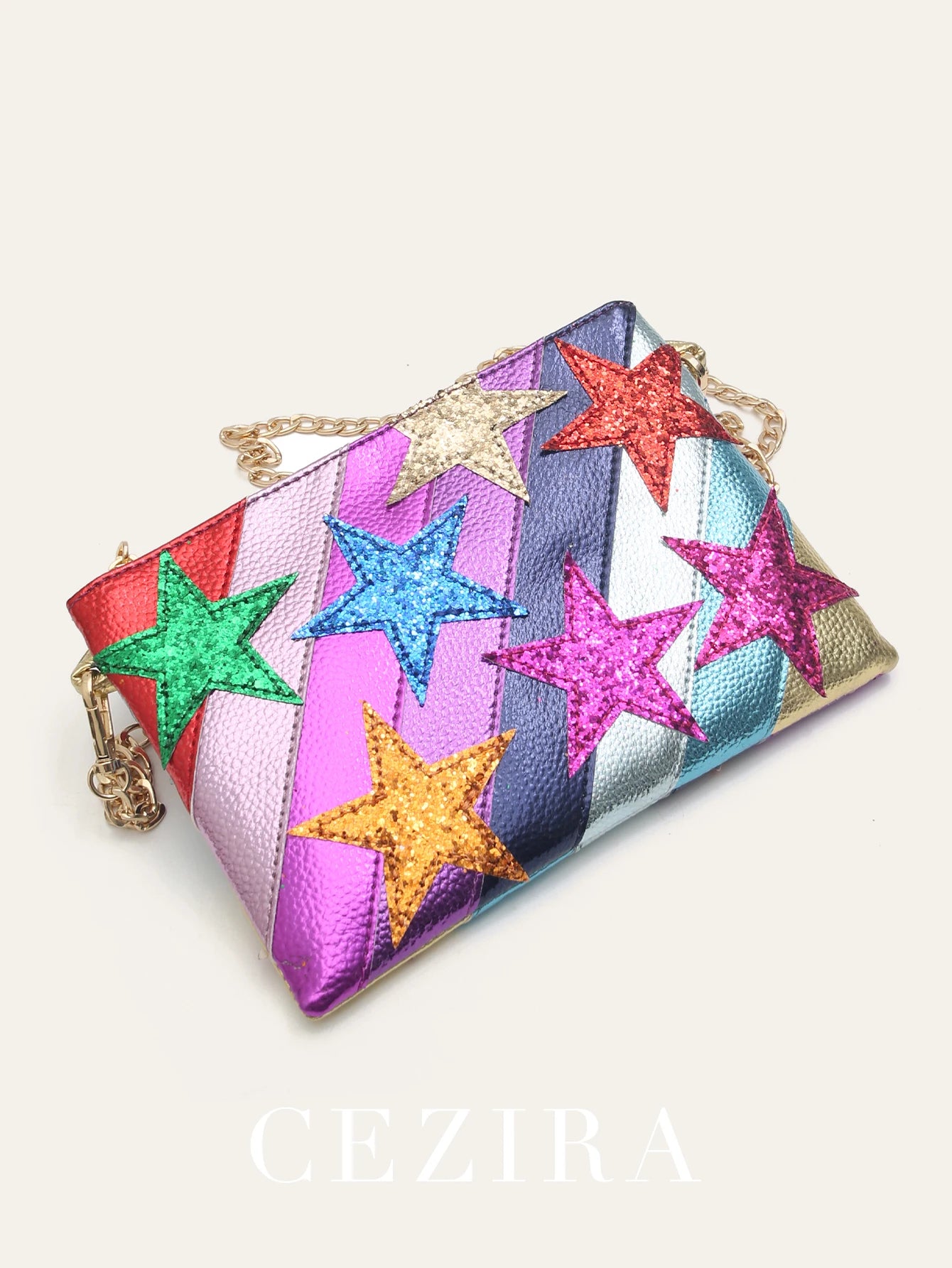 Women's Metallic PU Leather Square Clutch Funky Stars Applique Colorful Stripes Metal Chain Shoulder Handbag Party Dating Gift