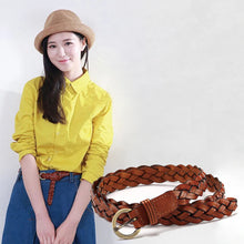 Load image into Gallery viewer, Women Leather Belt Waist Bands with Round Gold Buckle Braided Dress Belt Casual Thin Belt For Student Ladies Clothes Accessories