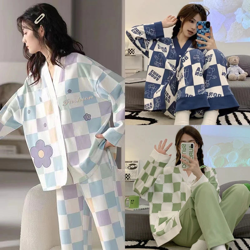 Women's Clothing Four Seasons Models Cute Pajamas Long-Sleeved Can Be Worn Outside Cartoon Cute Comfortable Large Size Homewear