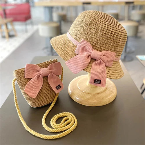 Kids Hat For Girls 3-8Y Straw Children's Sunshade Cap Bag Summer Baby Travel Sunscreen Beach Hat Sun Fisherman Cap Fashion Style