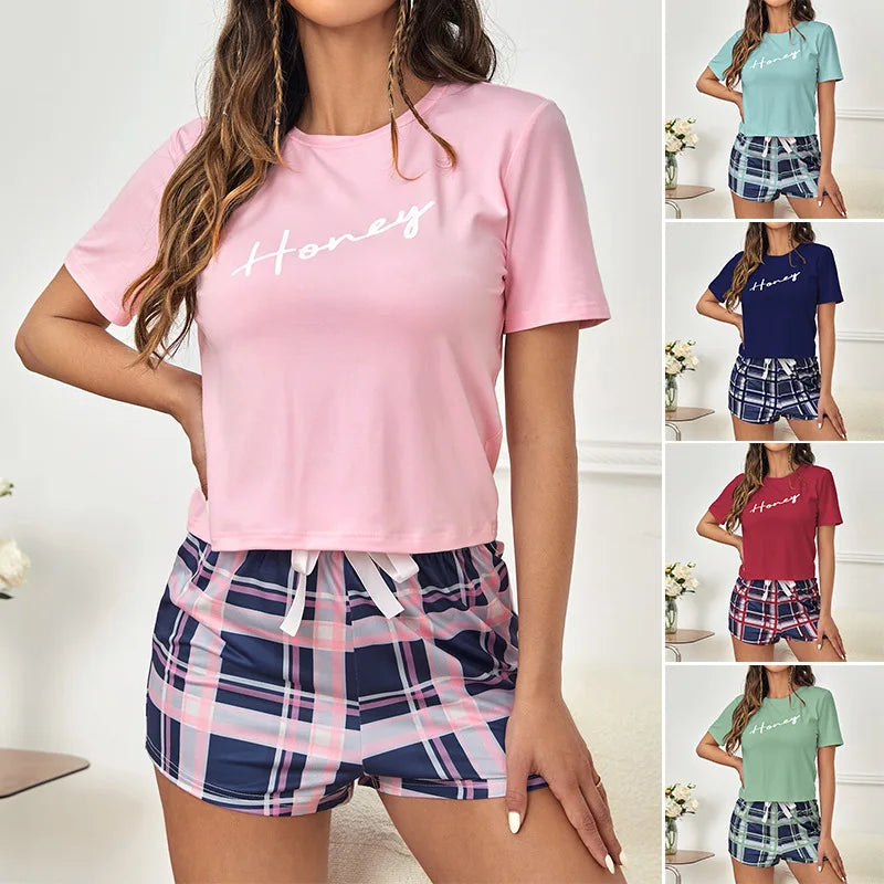 Women's Sleepwear & Loungewear Letter Print Pajamas Set Summer Short Sleeve Tops & Bow Plaid Shorts Pyjama Femme Home Clothing