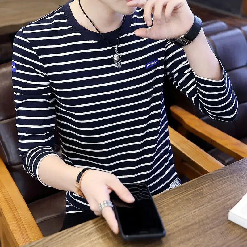 T Shirts for Men Stripe Tops Red Cotton Male Clothes Round Neck Harajuku Fashion Sale High Brand Regular Fit It Full Sleeve Tee