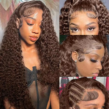 Load image into Gallery viewer, 13X6 Chocolate Brown Lace Front Wig Water Wave Wet And Wavy Lace Front Wigs Human Hair Curly Glueless Pre Plucked Bleached Knots