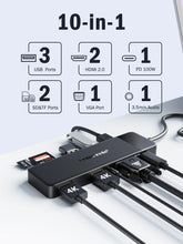 Load image into Gallery viewer, Lemorele USB-C Hub 10Ports Docking Station USB Type C to Dual HDMI 4K 30Hz VGA USB 3.0 Adapter PD100W SD Card Reader for MacBook