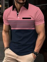 Load image into Gallery viewer, Men's Summer Shirt - Casual Sports Style, Striped Print and Contrast Color Details, Short Sleeves, Button Neck, Breathable Polye