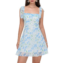 Load image into Gallery viewer, Women Summer Casual Dress Floral Print Tie-Up Shoulder Strap Mini Dress Fashion Double Layer Backless Cami Dress