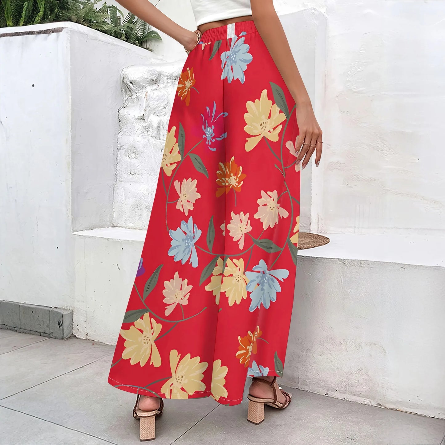 Women's clothing 2025 spring/summer new item custom casual slim fit floral mid waist fashionable wide leg pants beach pants low