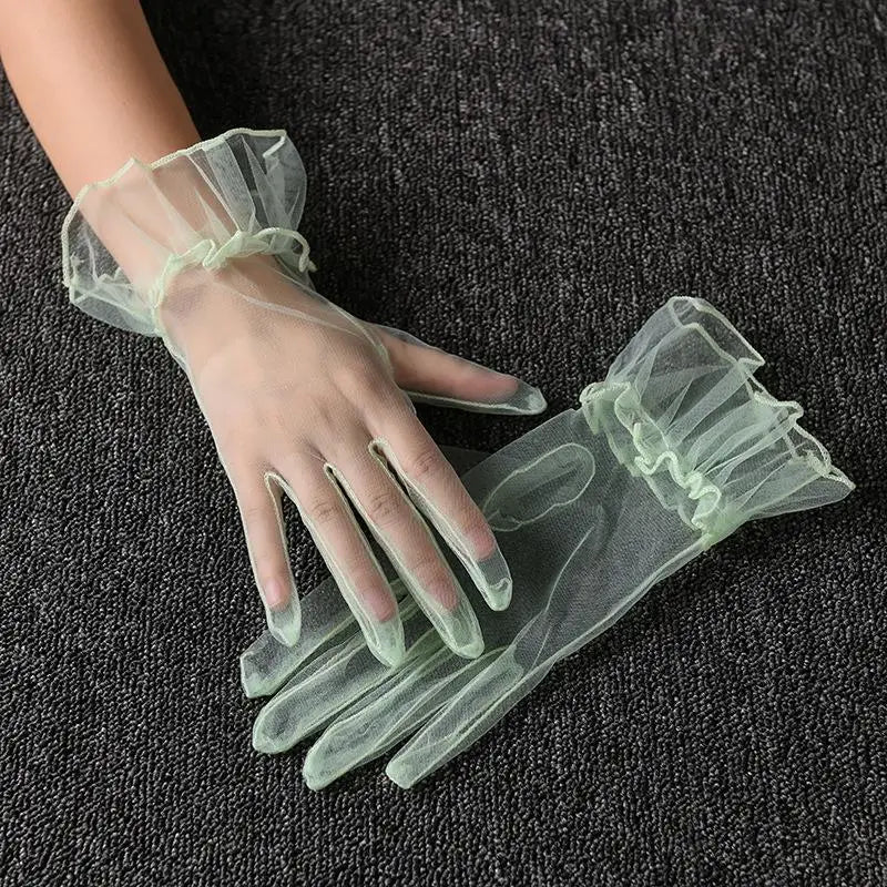 Women Short Tulle Gloves Sexy Lace Mittens Tulle Full Finger Gloves Lady Driving Glove Transparent Mittens Wedding Bridal Gloves