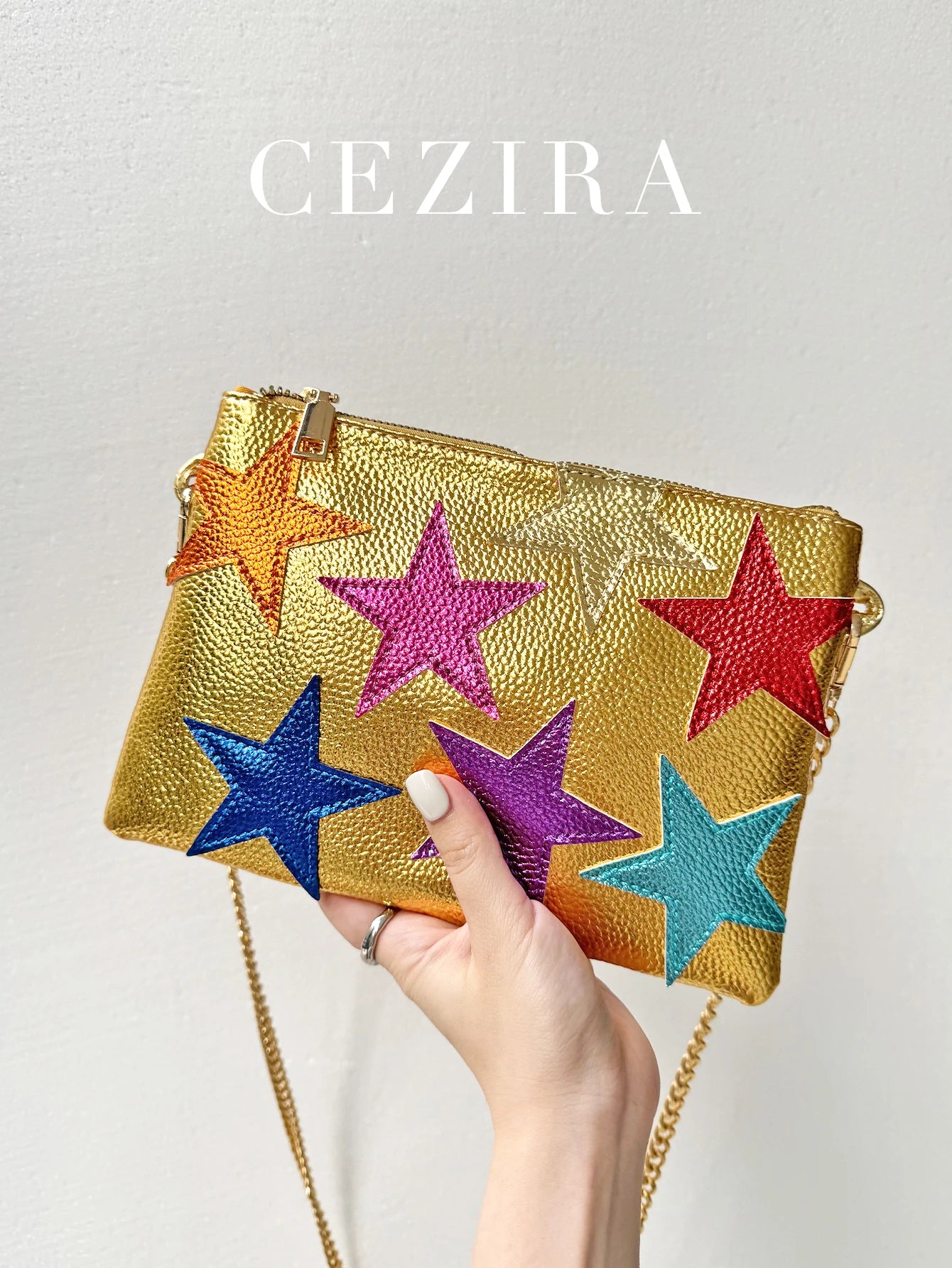 Women's Metallic PU Leather Square Clutch Funky Stars Applique Colorful Stripes Metal Chain Shoulder Handbag Party Dating Gift
