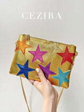 Load image into Gallery viewer, Women's Metallic PU Leather Square Clutch Funky Stars Applique Colorful Stripes Metal Chain Shoulder Handbag Party Dating Gift